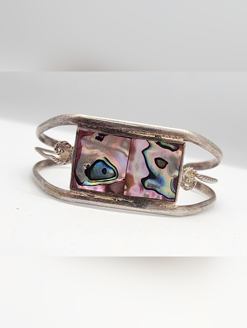 Vintage Mexican Alpaca Silver Abalone Shell Inlay Cuff Bracelet Boho